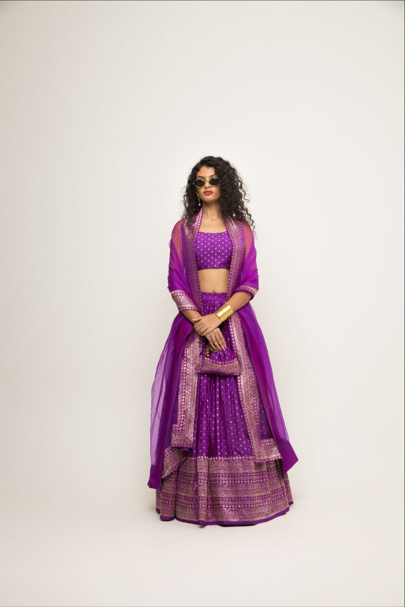 Purple Dotted Broacde Lehenga Set - Purple silk by SOBARIKO in purple color for women Worldwide