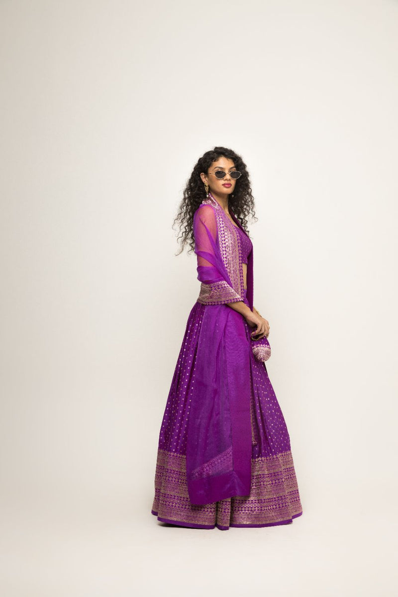 Purple Dotted Broacde Lehenga Set - Purple silk by SOBARIKO in purple color for women Worldwide