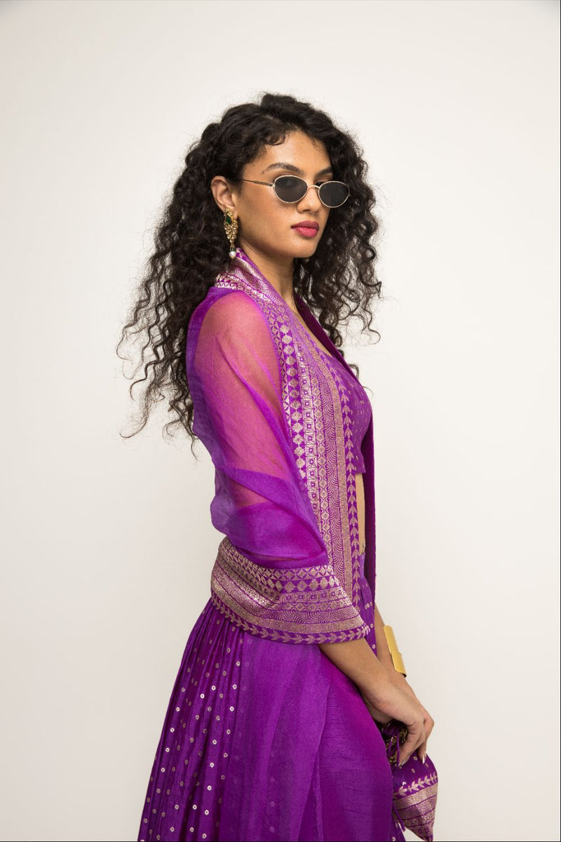 Purple Dotted Broacde Lehenga Set - Purple silk by SOBARIKO in purple color for women Worldwide