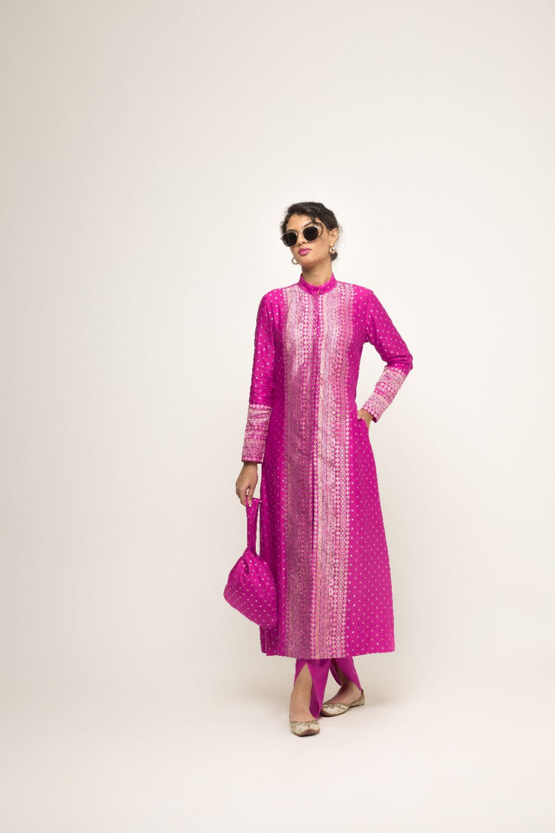 Rani-Long Dotted Statement Brocade Jacket & Dhoti Set - Pink silk by SOBARIKO in pink color for women Worldwide