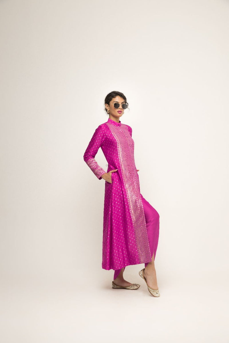 Rani-Long Dotted Statement Brocade Jacket & Dhoti Set - Pink silk by SOBARIKO in pink color for women Worldwide