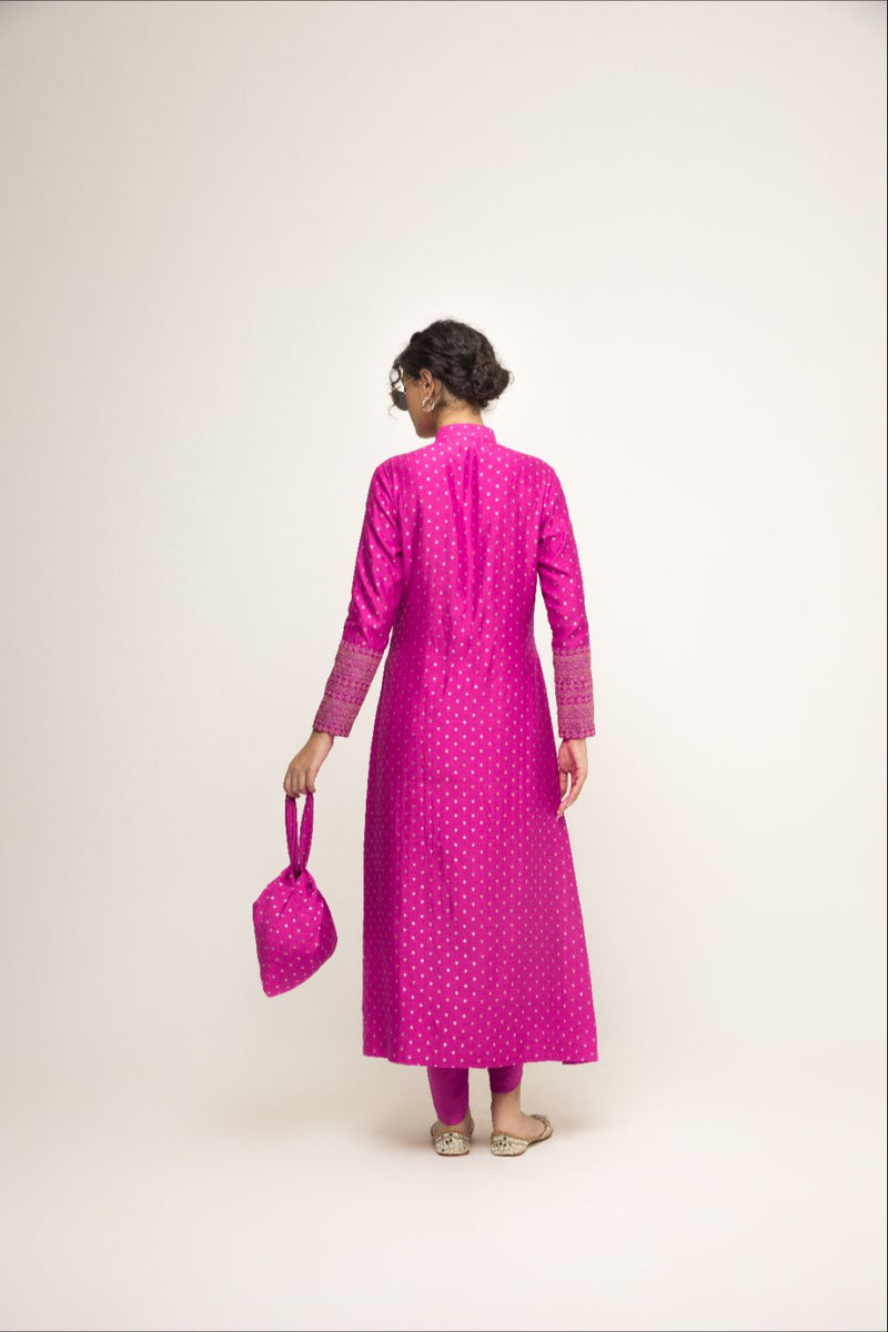 Rani-Long Dotted Statement Brocade Jacket & Dhoti Set - Pink silk by SOBARIKO in pink color for women Worldwide