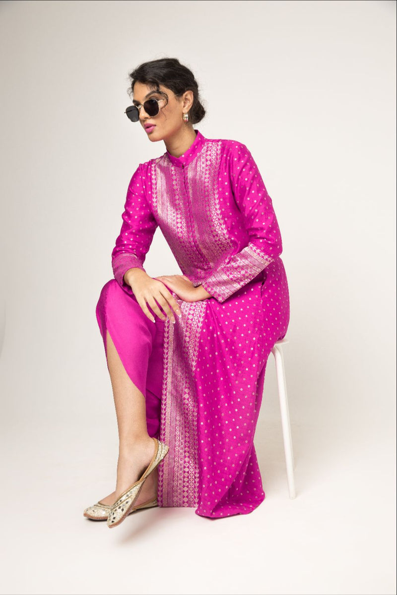 Rani-Long Dotted Statement Brocade Jacket & Dhoti Set - Pink silk by SOBARIKO in pink color for women Worldwide
