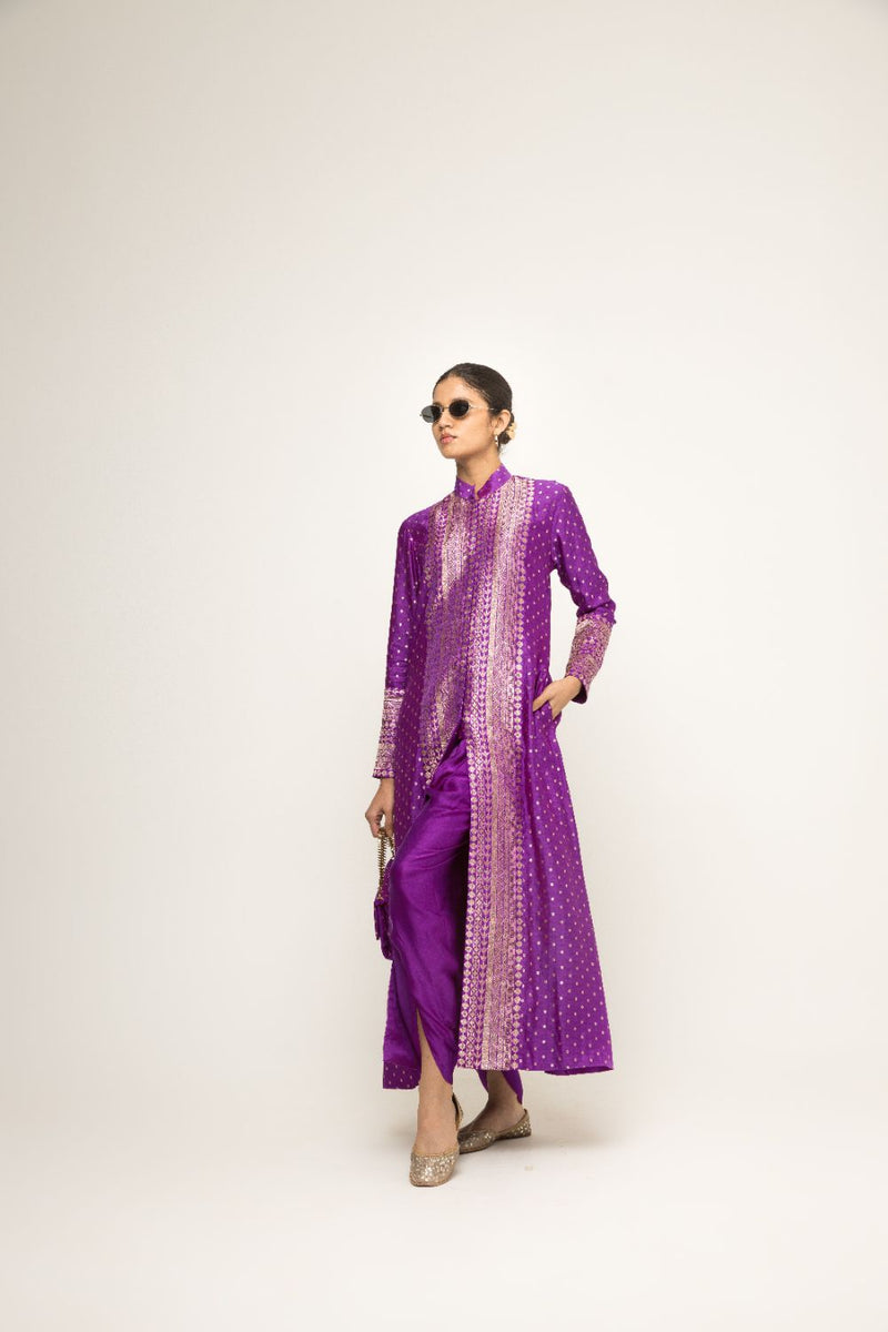 Rani-Long Dotted Statement Brocade Jacket & Dhoti Set - Purple silk by SOBARIKO in purple color for women Worldwide