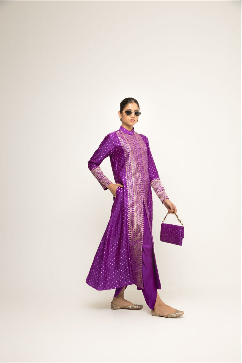 Rani-Long Dotted Statement Brocade Jacket & Dhoti Set - Purple silk by SOBARIKO in purple color for women Worldwide