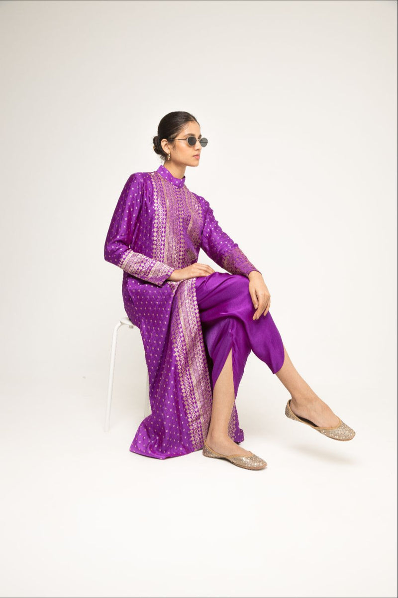 Rani-Long Dotted Statement Brocade Jacket & Dhoti Set - Purple silk by SOBARIKO in purple color for women Worldwide