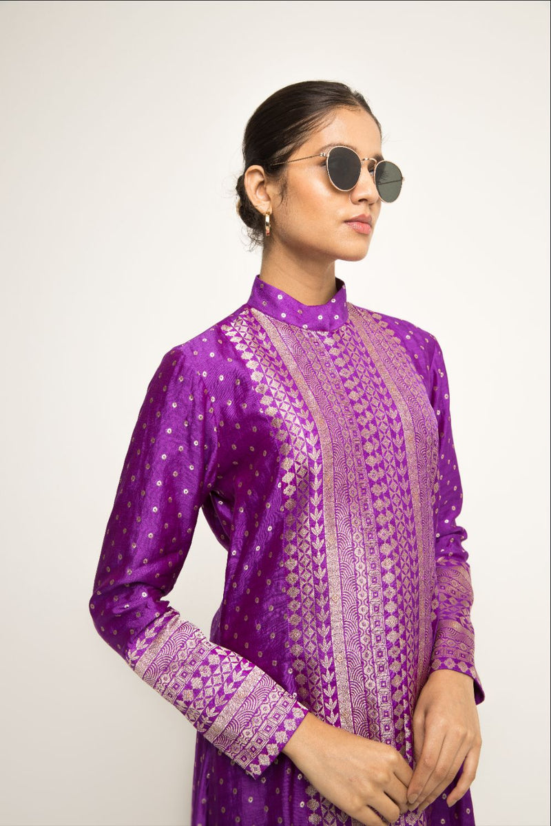 Rani-Long Dotted Statement Brocade Jacket & Dhoti Set - Purple silk by SOBARIKO in purple color for women Worldwide