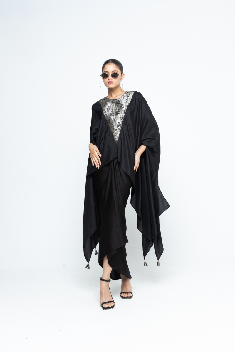 Trisha - Statement Silk Cape and Skirt set - Black satin by SOBARIKO in black color for women Worldwide