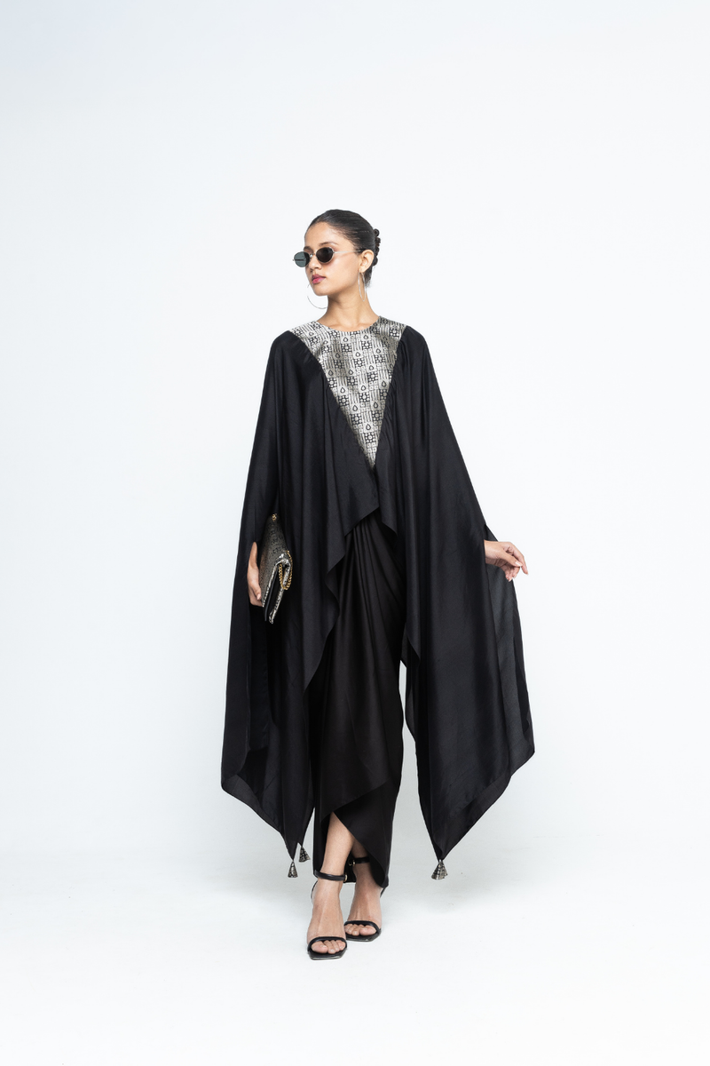 Trisha - Statement Silk Cape and Skirt set - Black satin by SOBARIKO in black color for women Worldwide