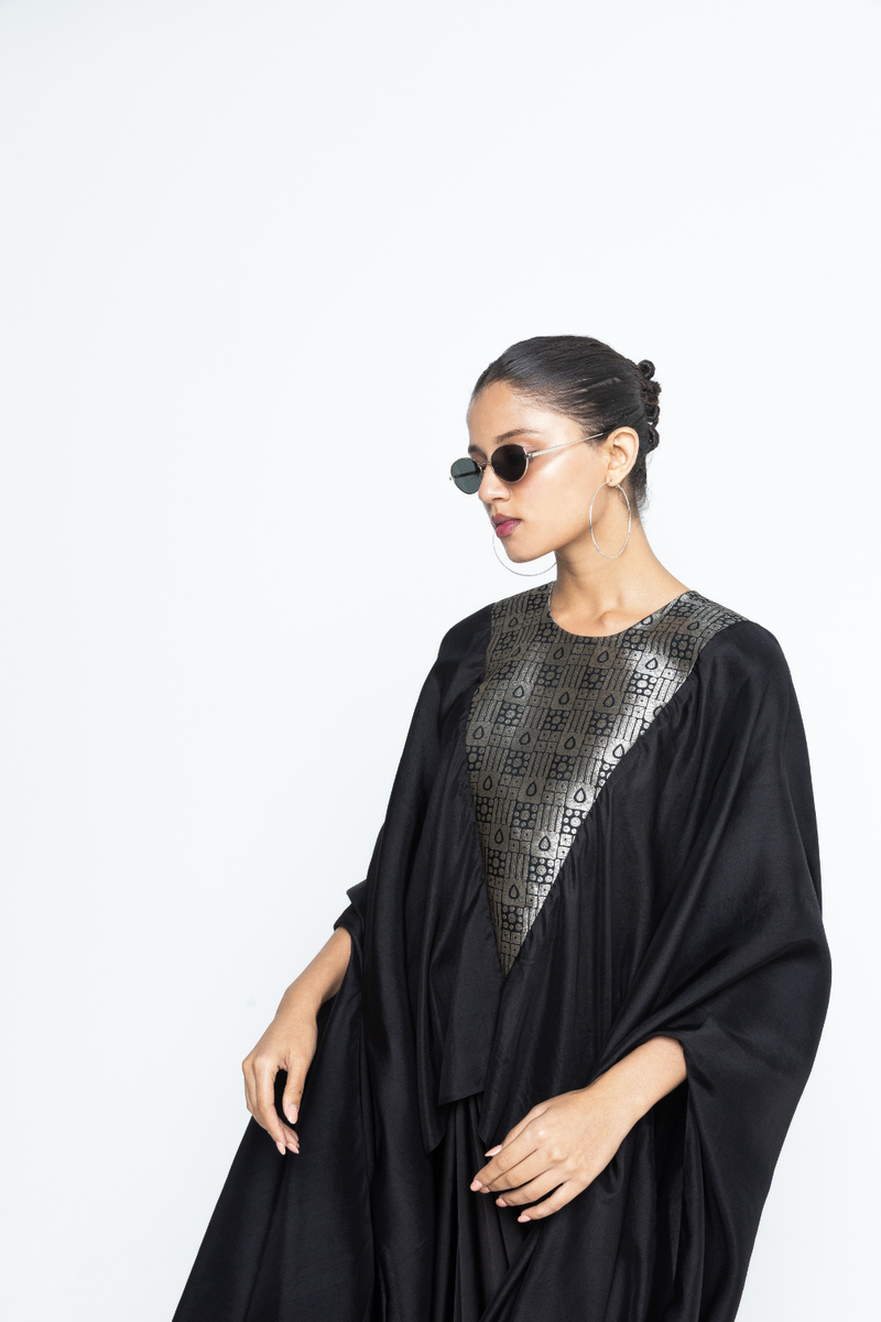 Trisha - Statement Silk Cape and Skirt set - Black satin by SOBARIKO in black color for women Worldwide