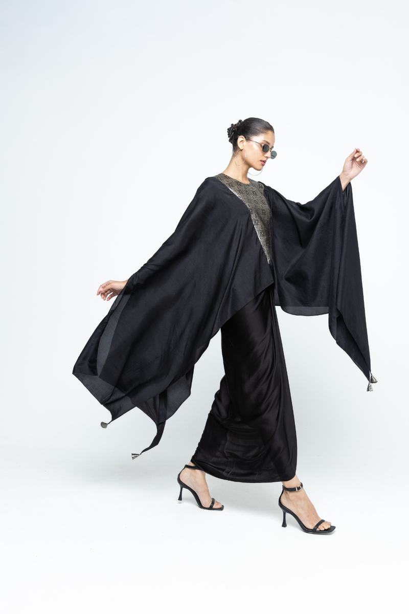 Trisha - Statement Silk Cape and Skirt set - Black satin by SOBARIKO in black color for women Worldwide