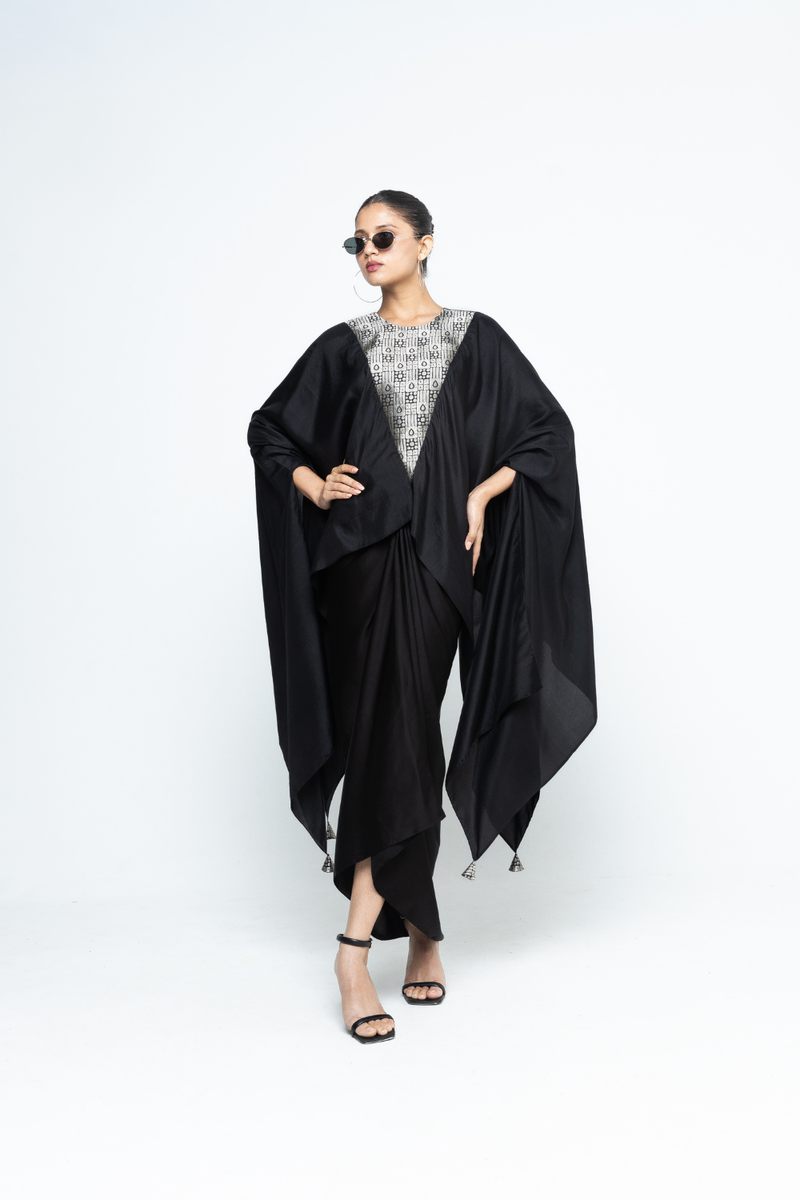 Trisha - Statement Silk Cape and Skirt set - Black satin by SOBARIKO in black color for women Worldwide