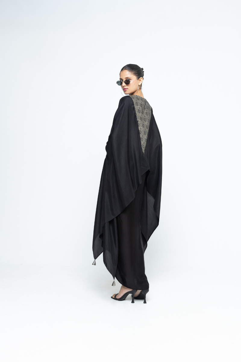 Trisha - Statement Silk Cape and Skirt set - Black satin by SOBARIKO in black color for women Worldwide