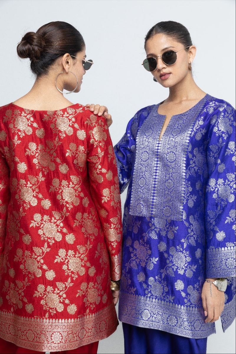 Gul - Floral Brocade kurta with Dhoti - Blue satin by SOBARIKO in blue color for women Worldwide