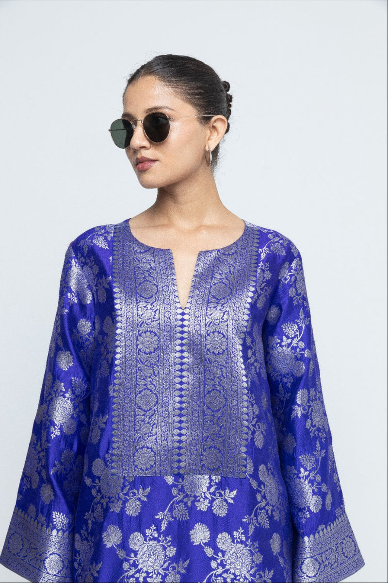 Gul - Floral Brocade kurta with Dhoti - Blue satin by SOBARIKO in blue color for women Worldwide