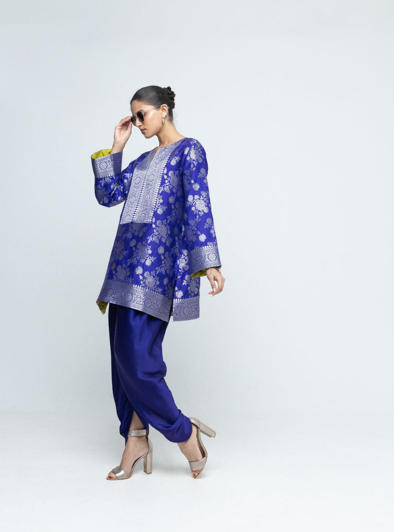 Gul - Floral Brocade kurta with Dhoti - Blue satin by SOBARIKO in blue color for women Worldwide