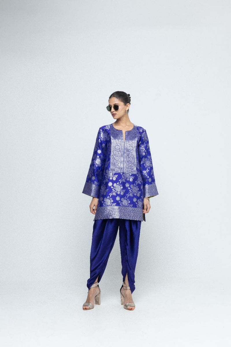 Gul - Floral Brocade kurta with Dhoti - Blue satin by SOBARIKO in blue color for women Worldwide