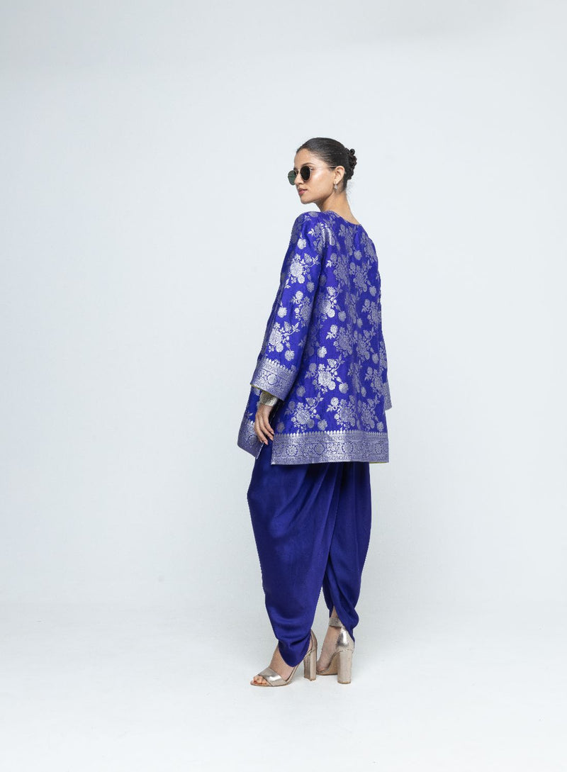 Gul - Floral Brocade kurta with Dhoti - Blue satin by SOBARIKO in blue color for women Worldwide