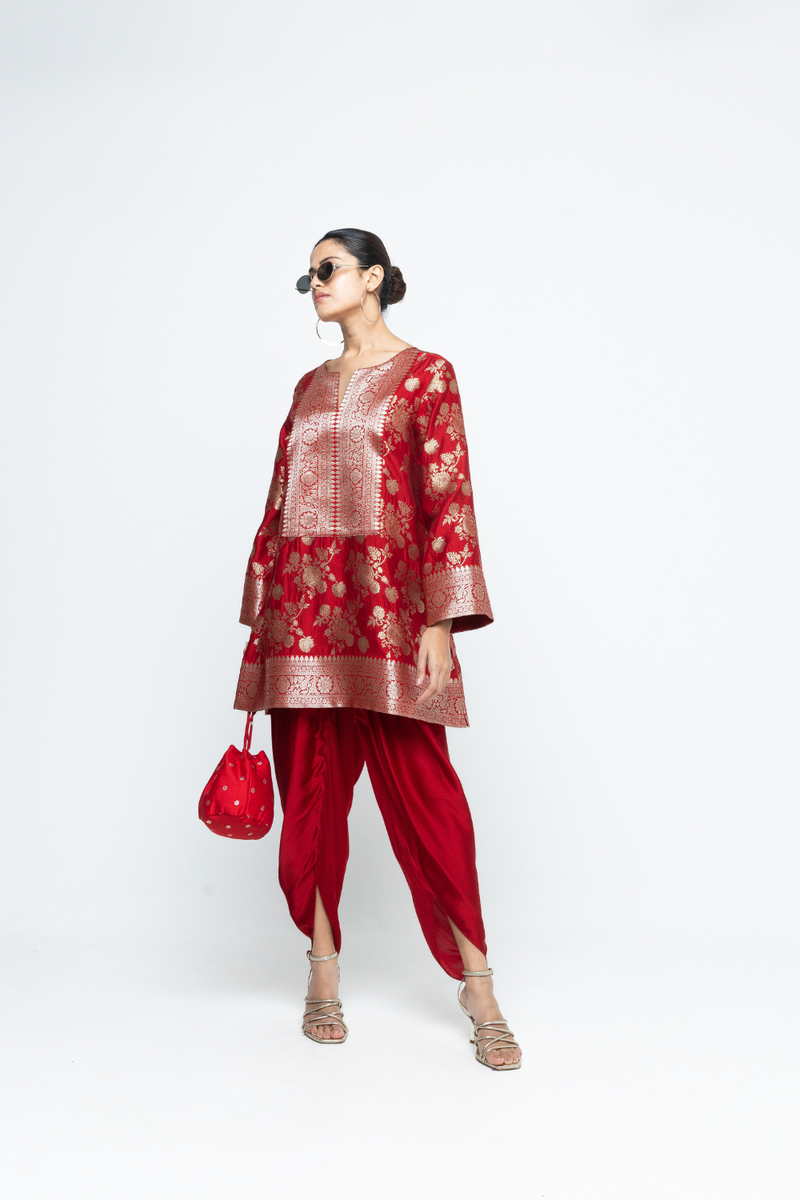 Gul - Floral Brocade kurta with Dhoti - Red satin by SOBARIKO in red color for women Worldwide