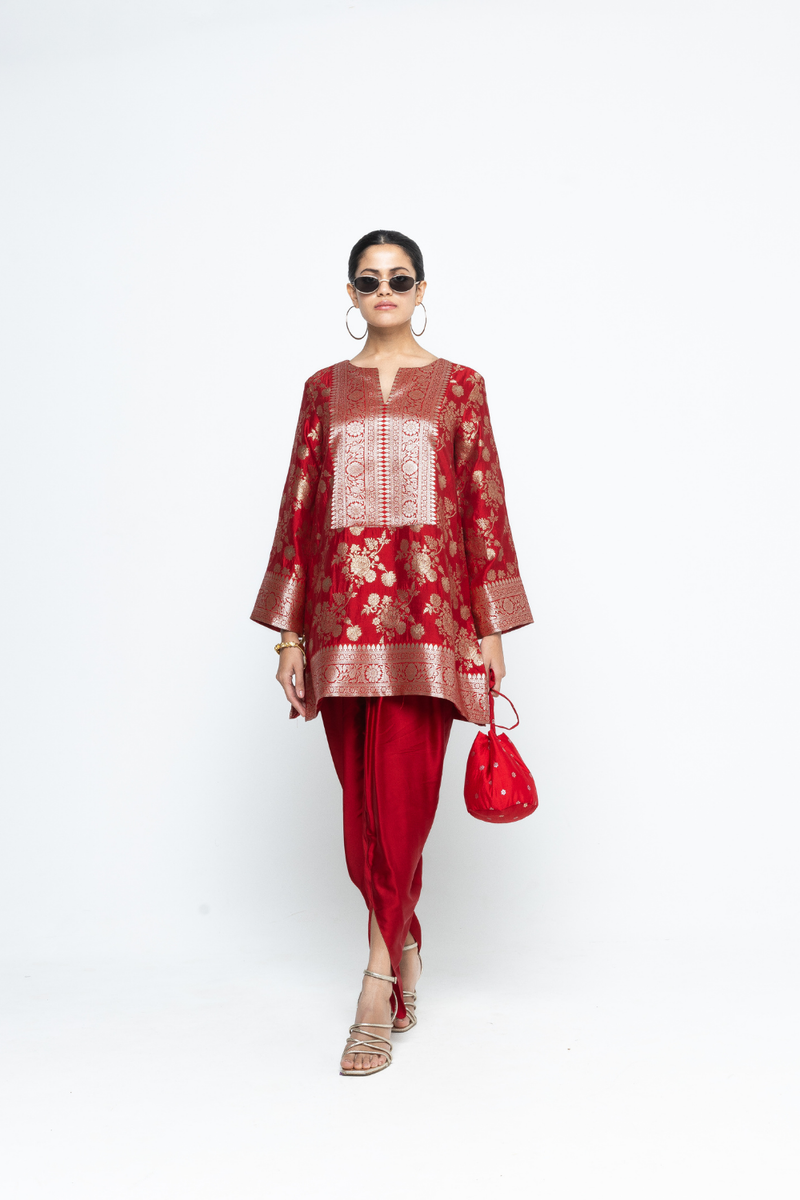 Gul - Floral Brocade kurta with Dhoti - Red satin by SOBARIKO in red color for women Worldwide