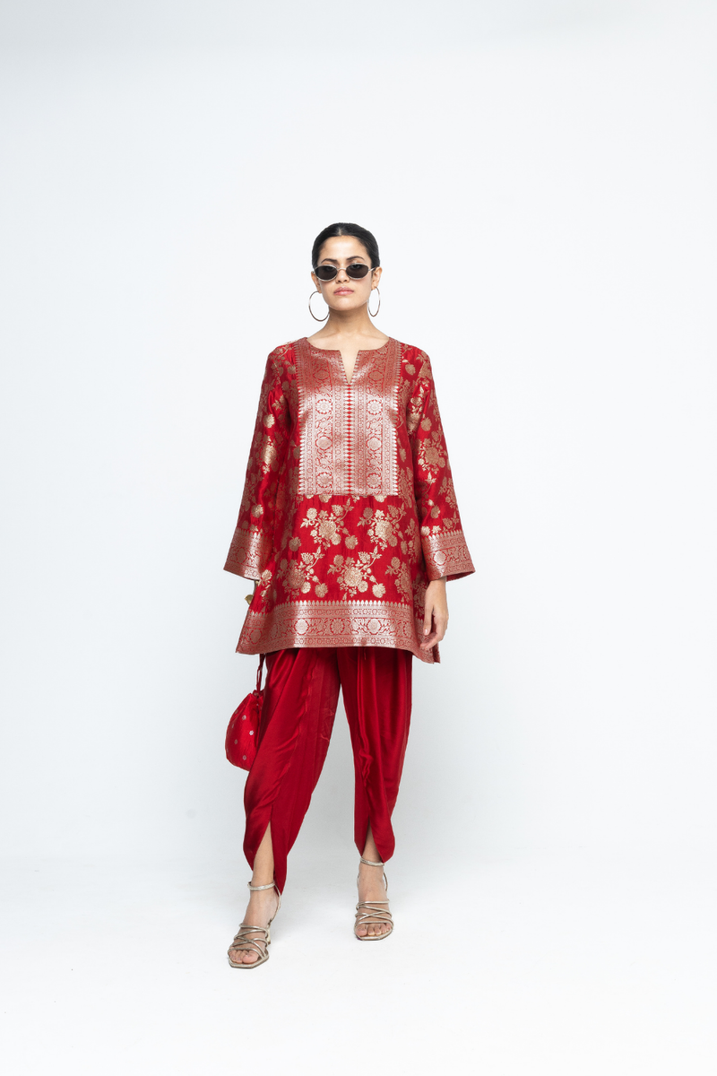 Gul - Floral Brocade kurta with Dhoti - Red satin by SOBARIKO in red color for women Worldwide