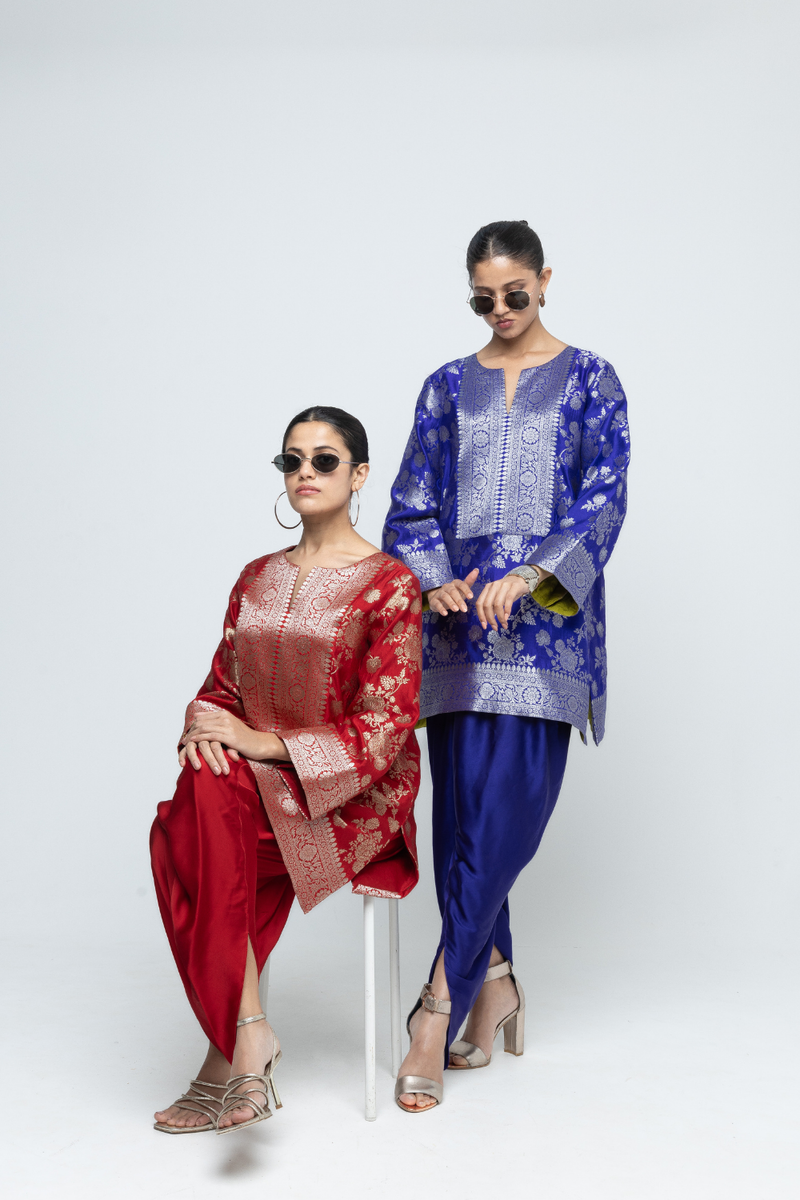 Gul - Floral Brocade kurta with Dhoti - Red satin by SOBARIKO in red color for women Worldwide