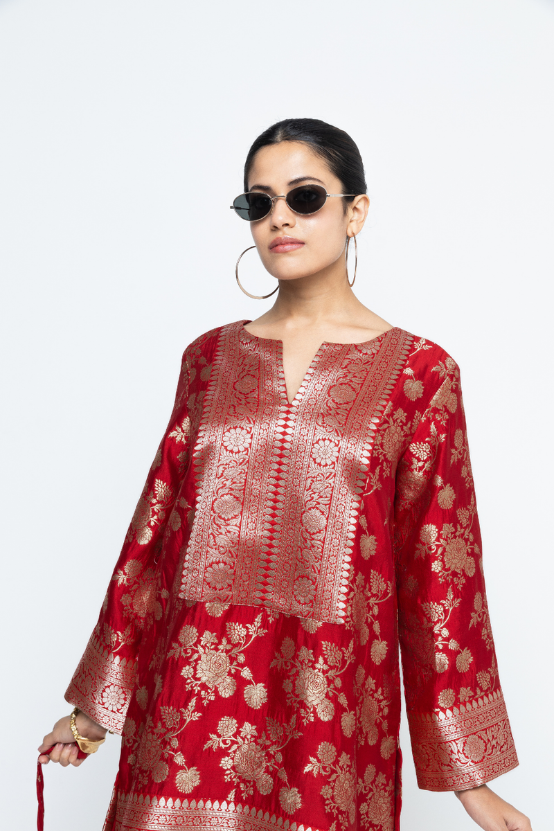 Gul - Floral Brocade kurta with Dhoti - Red satin by SOBARIKO in red color for women Worldwide