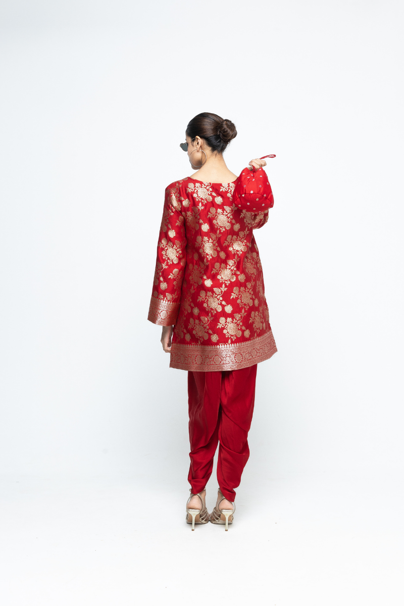 Gul - Floral Brocade kurta with Dhoti - Red satin by SOBARIKO in red color for women Worldwide