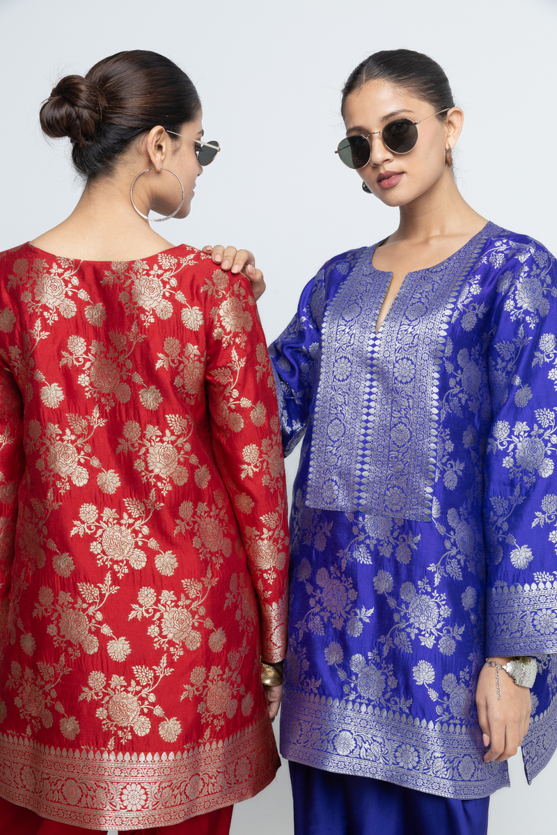 Gul - Floral Brocade kurta with Dhoti - Red satin by SOBARIKO in red color for women Worldwide