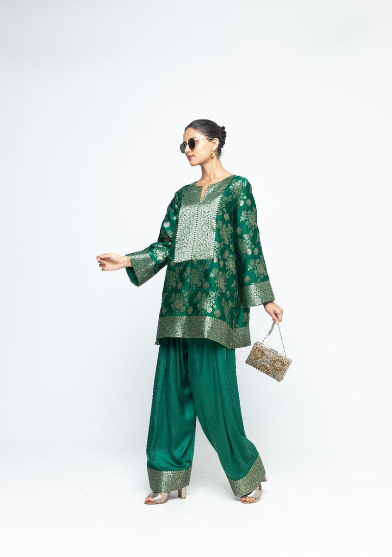Gul - Floral Brocade kurta with Farshi Salwar - Green satin by SOBARIKO in green color for women Worldwide