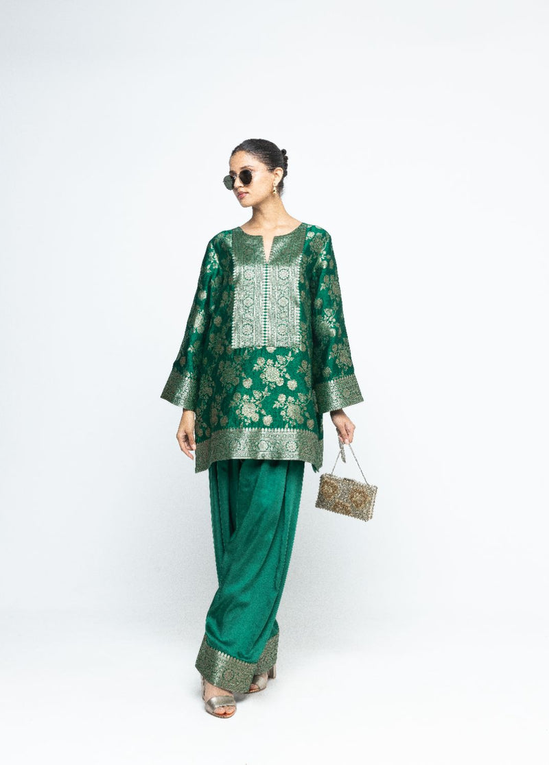 Gul - Floral Brocade kurta with Farshi Salwar - Green satin by SOBARIKO in green color for women Worldwide