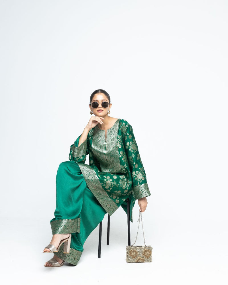 Gul - Floral Brocade kurta with Farshi Salwar - Green satin by SOBARIKO in green color for women Worldwide
