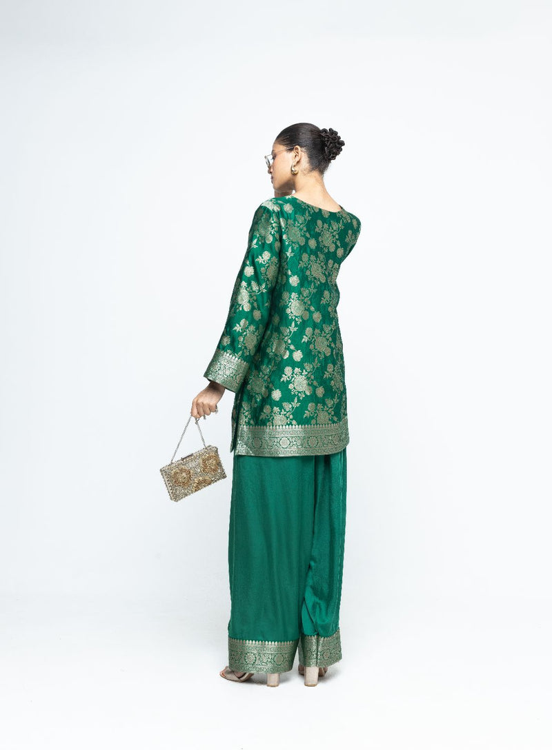 Gul - Floral Brocade kurta with Farshi Salwar - Green satin by SOBARIKO in green color for women Worldwide