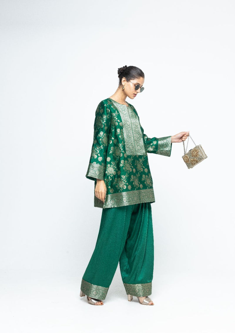 Gul - Floral Brocade kurta with Farshi Salwar - Green satin by SOBARIKO in green color for women Worldwide