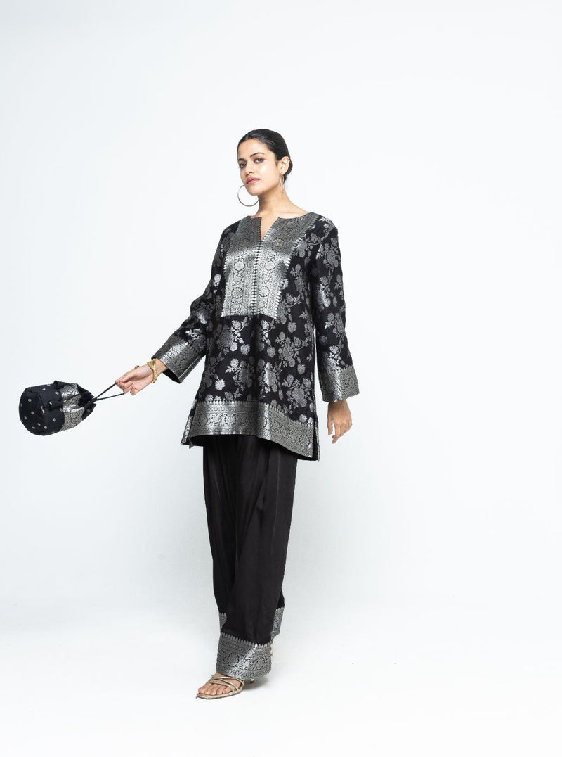Gul - Floral Brocade kurta with Farshi Salwar - Black satin by SOBARIKO in black color for women Worldwide