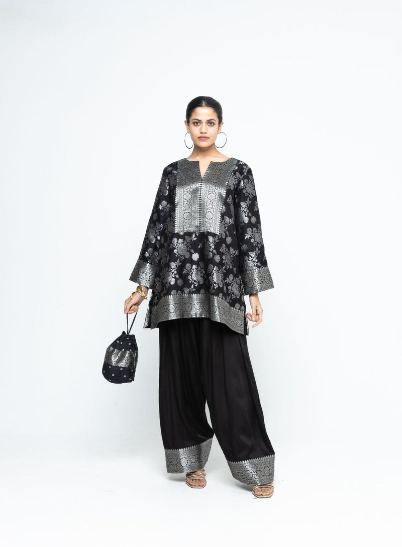 Gul - Floral Brocade kurta with Farshi Salwar - Black satin by SOBARIKO in black color for women Worldwide