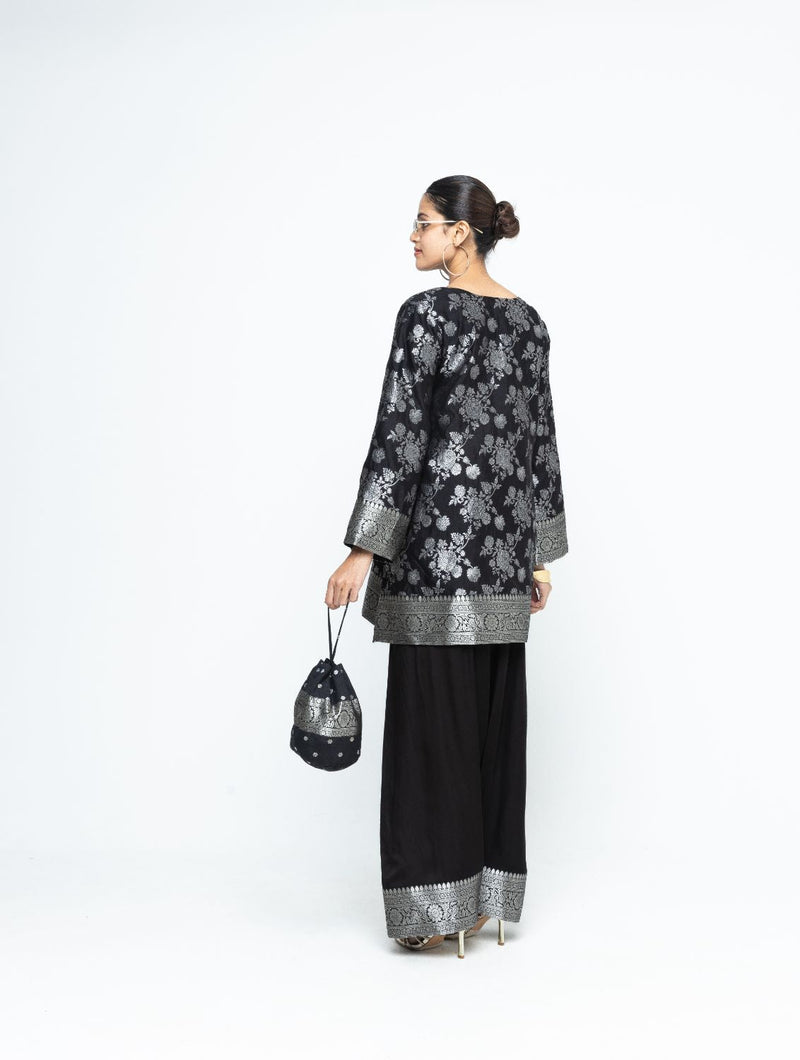 Gul - Floral Brocade kurta with Farshi Salwar - Black satin by SOBARIKO in black color for women Worldwide