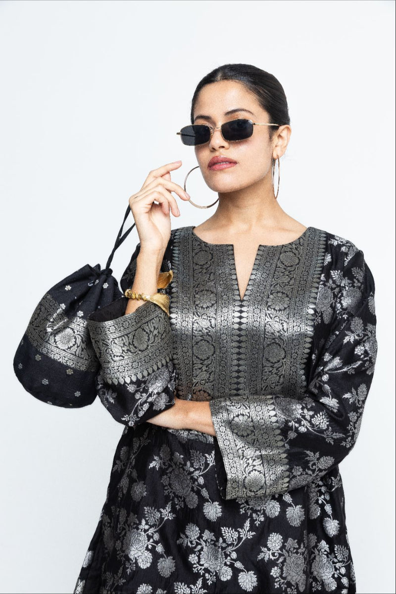 Gul - Floral Brocade kurta with Farshi Salwar - Black satin by SOBARIKO in black color for women Worldwide