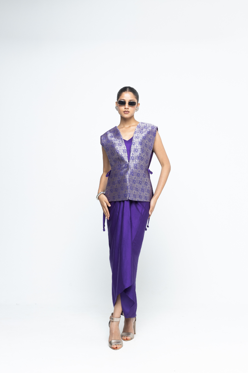 Alia - Brocade Gilet paired with Assymetrical Dress - Purple satin by SOBARIKO in purple color for women Worldwide