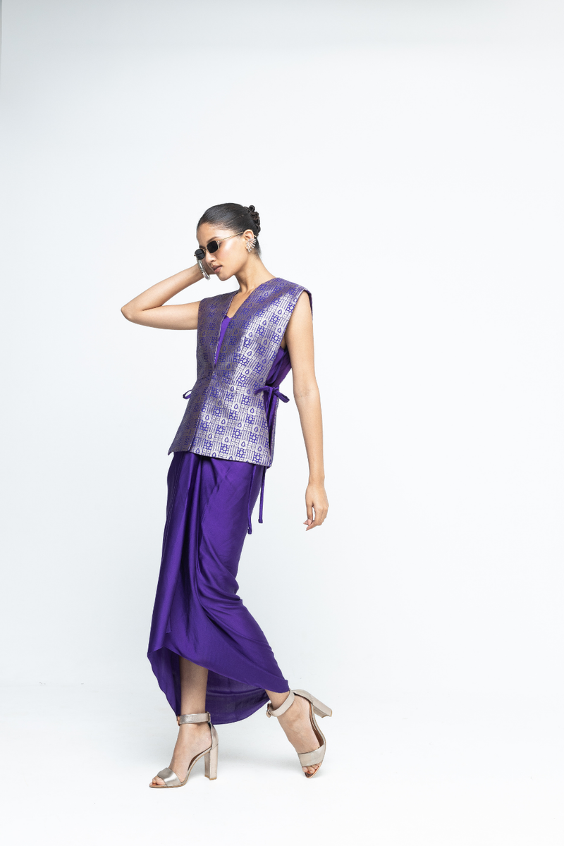 Alia - Brocade Gilet paired with Assymetrical Dress - Purple satin by SOBARIKO in purple color for women Worldwide