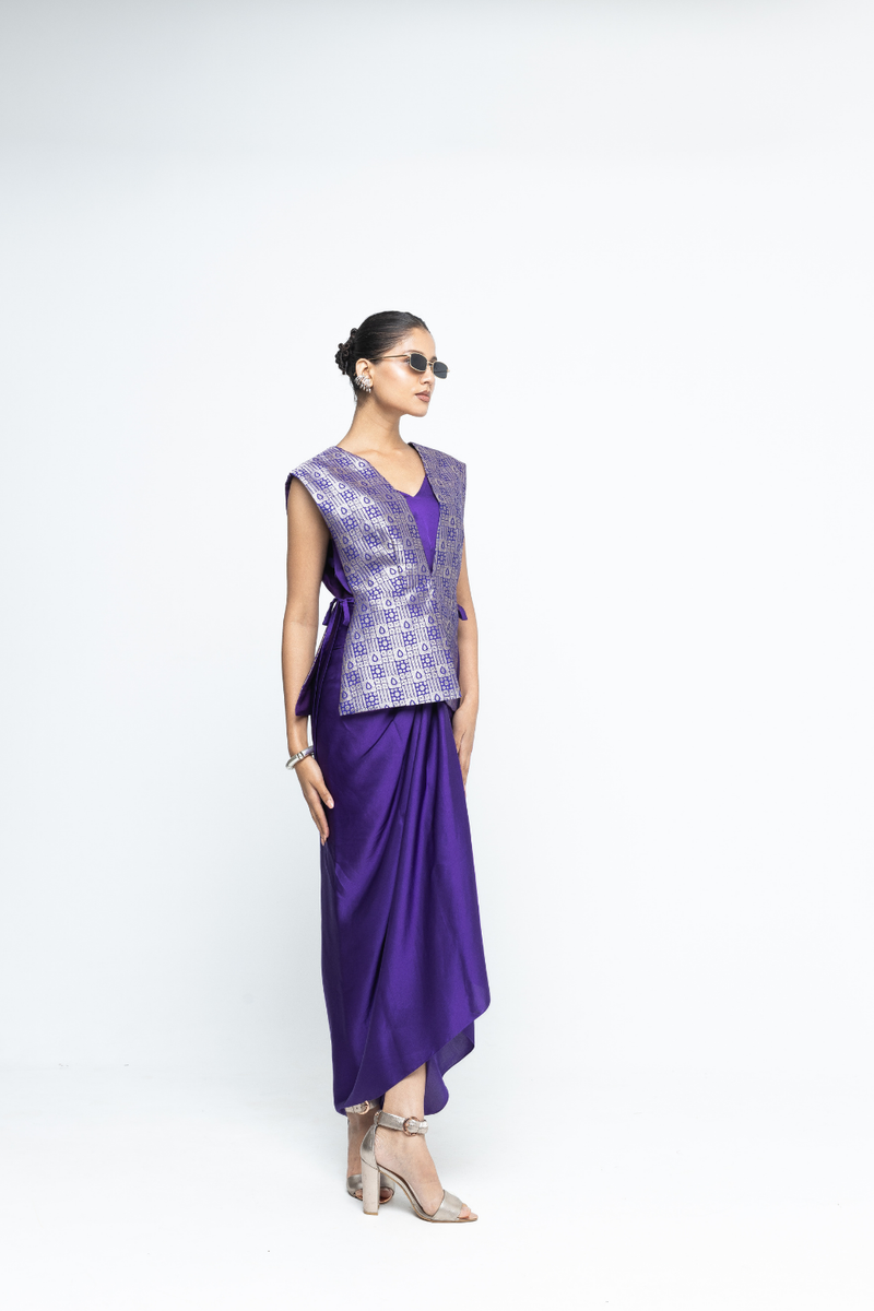 Alia - Brocade Gilet paired with Assymetrical Dress - Purple satin by SOBARIKO in purple color for women Worldwide