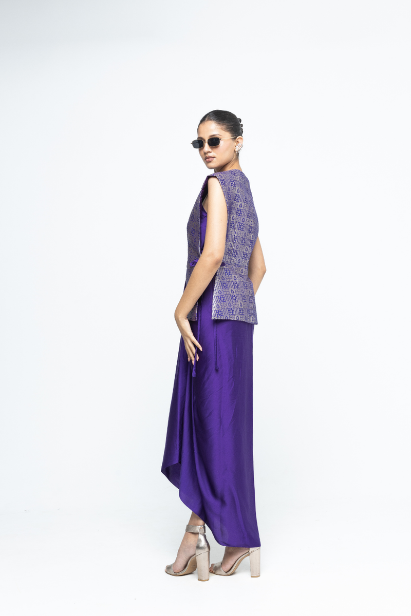 Alia - Brocade Gilet paired with Assymetrical Dress - Purple satin by SOBARIKO in purple color for women Worldwide