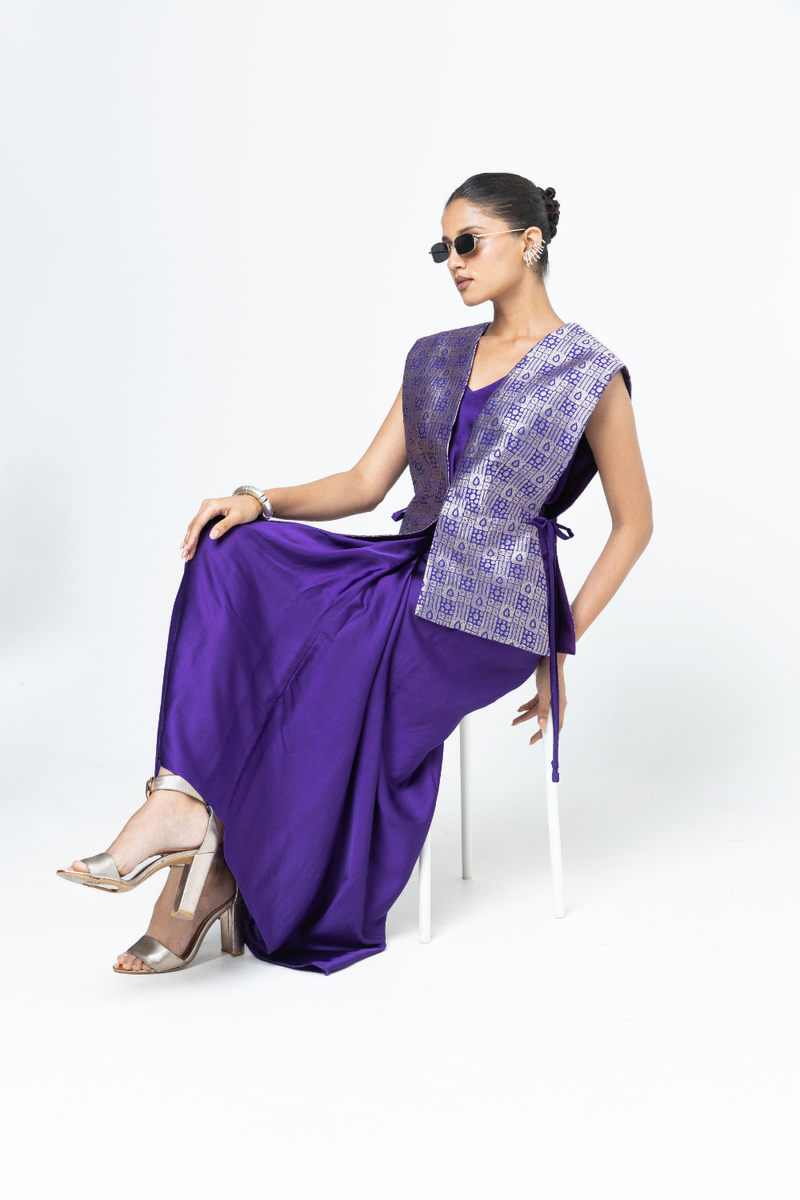 Alia - Brocade Gilet paired with Assymetrical Dress - Purple satin by SOBARIKO in purple color for women Worldwide