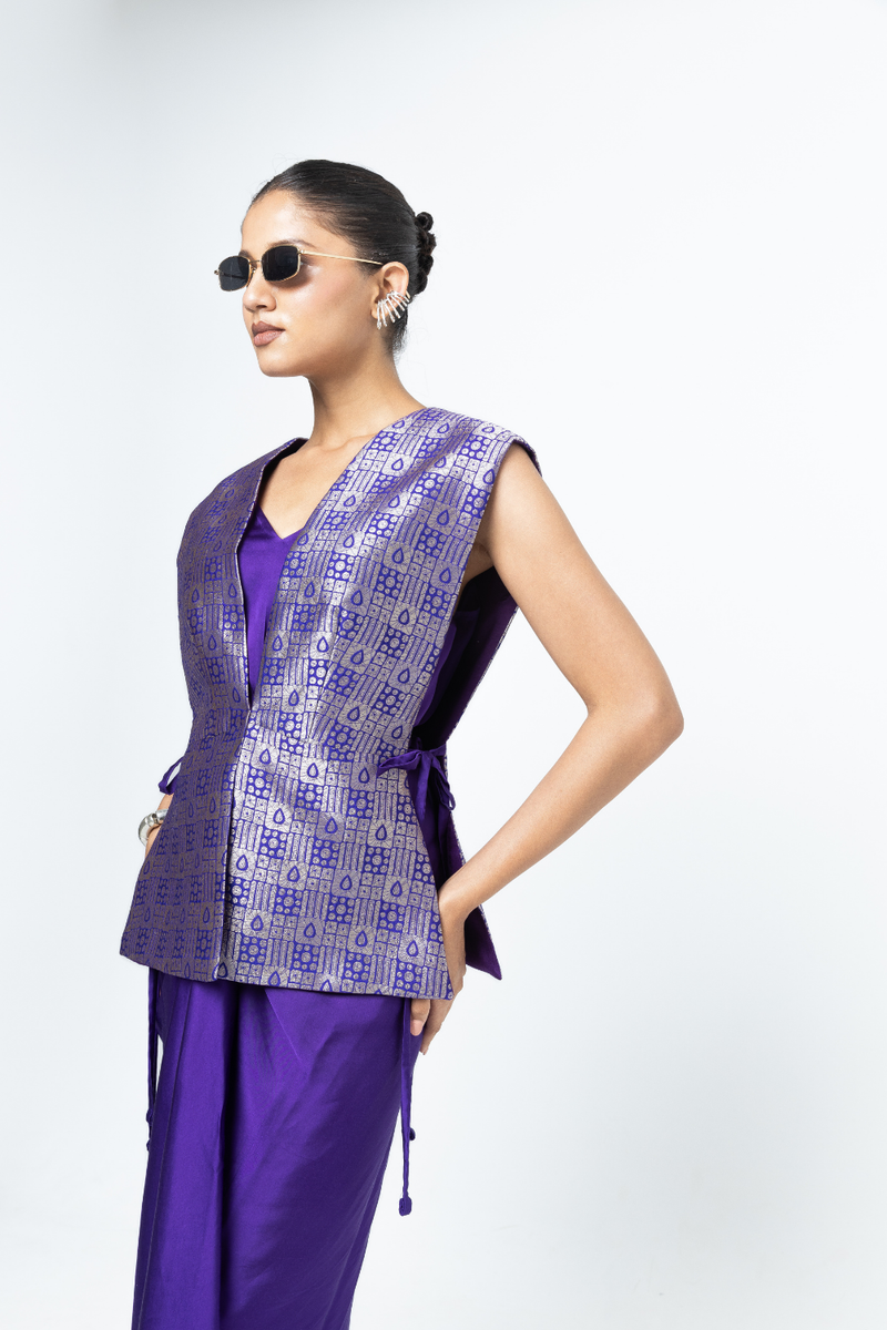 Alia - Brocade Gilet paired with Assymetrical Dress - Purple satin by SOBARIKO in purple color for women Worldwide