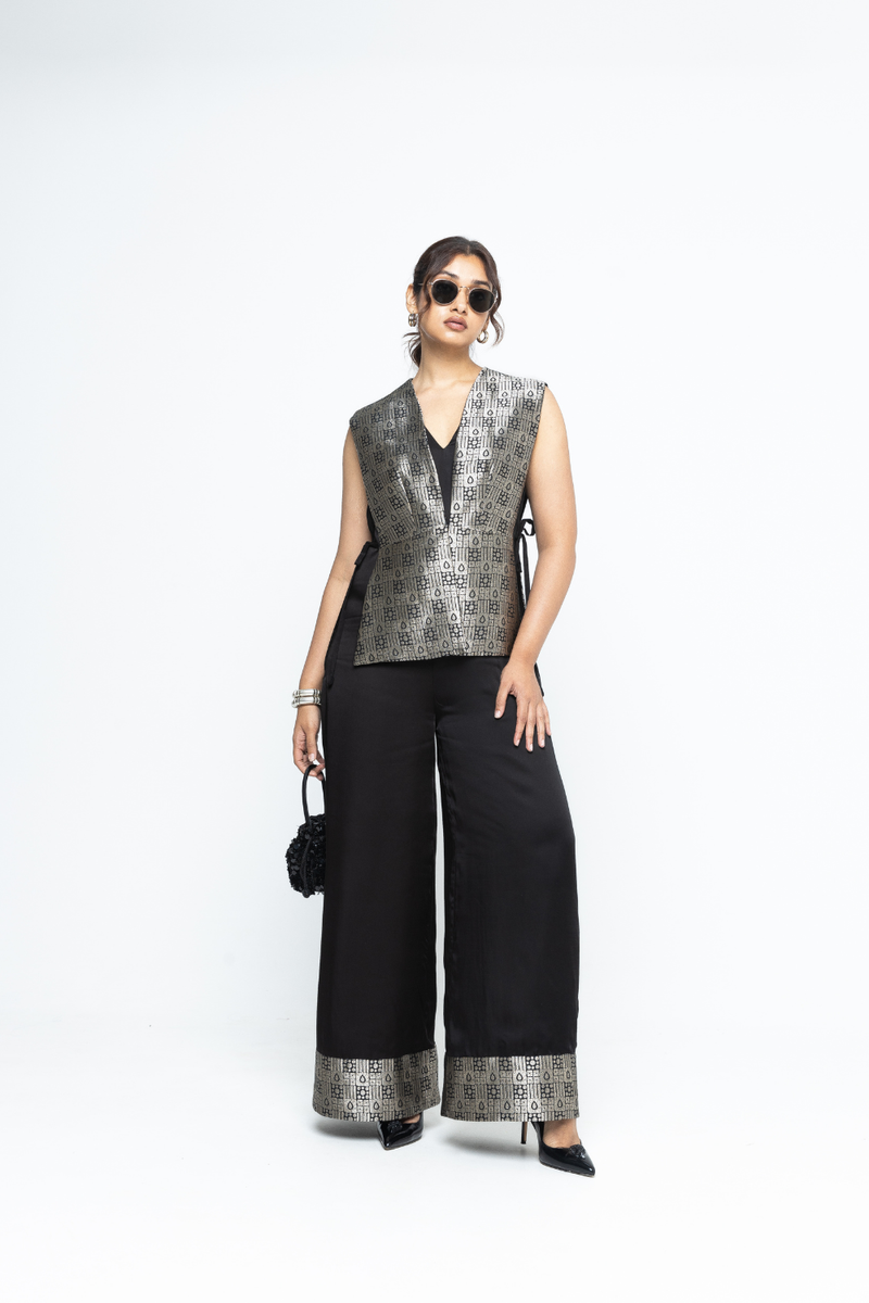 Alia Gilet with Jumpsuit - Black satin by SOBARIKO in black color for women Worldwide