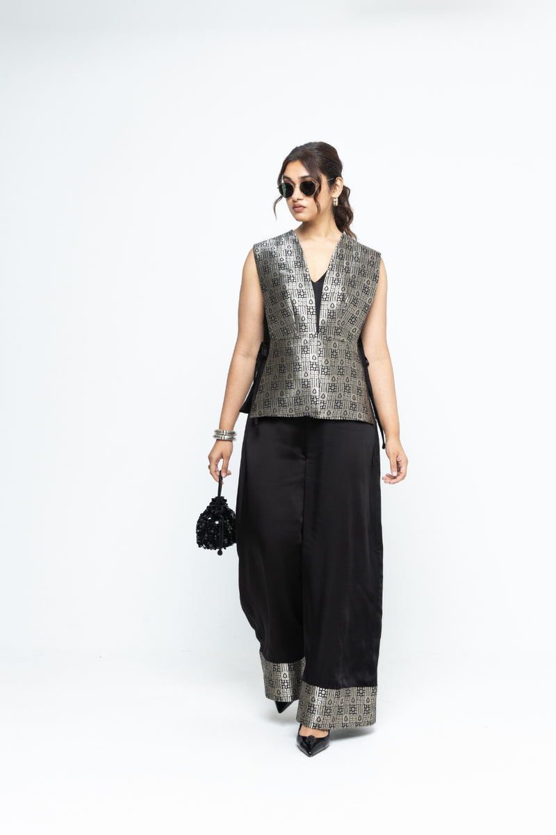 Alia Gilet with Jumpsuit - Black satin by SOBARIKO in black color for women Worldwide