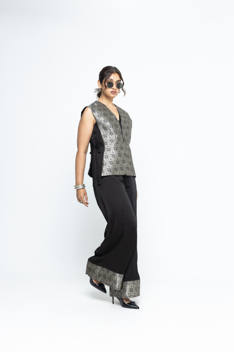 Alia Gilet with Jumpsuit - Black satin by SOBARIKO in black color for women Worldwide