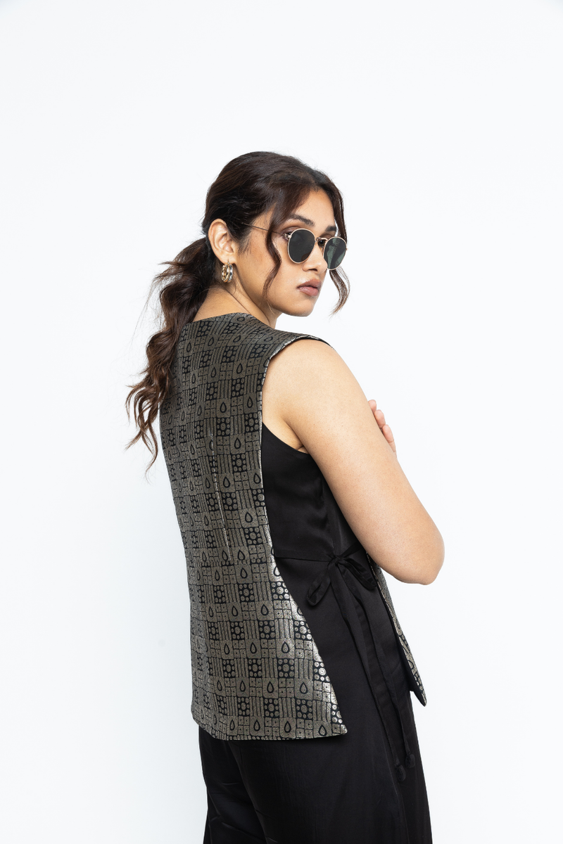 Alia Gilet with Jumpsuit - Black satin by SOBARIKO in black color for women Worldwide