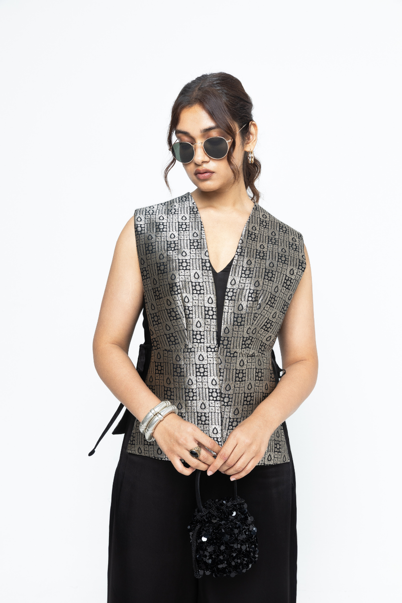 Alia Gilet with Jumpsuit - Black satin by SOBARIKO in black color for women Worldwide