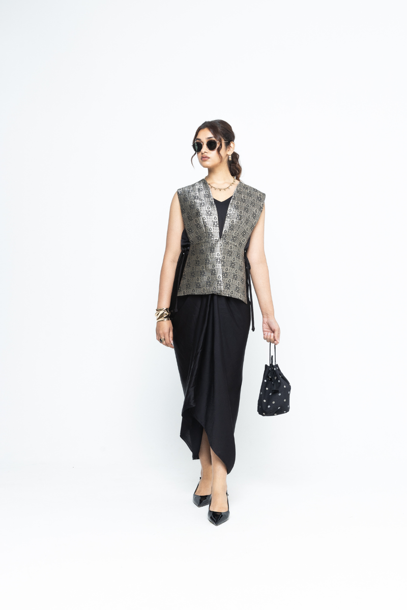 Alia - Brocade Gilet paired with Assymetrical Dress - Black satin by SOBARIKO in black color for women Worldwide